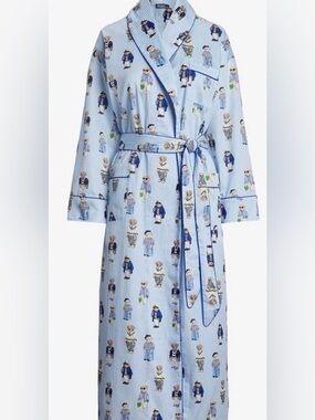 NWT Polo Ralph Lauren Polo Bear Striped Cotton Robe Oxford Blue S/M